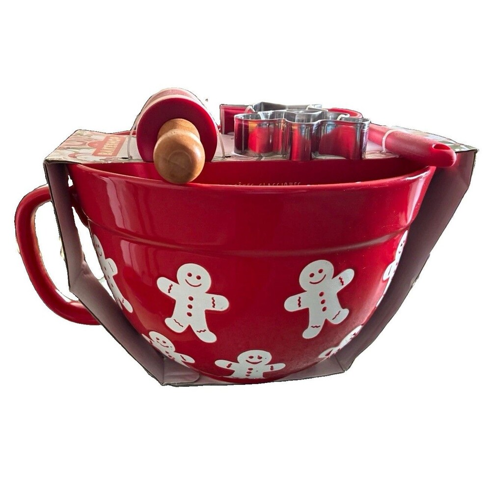 The Bakeshop Red/White Round Bakeware Set Bowl, Pin, Cutters, Spoon Safe